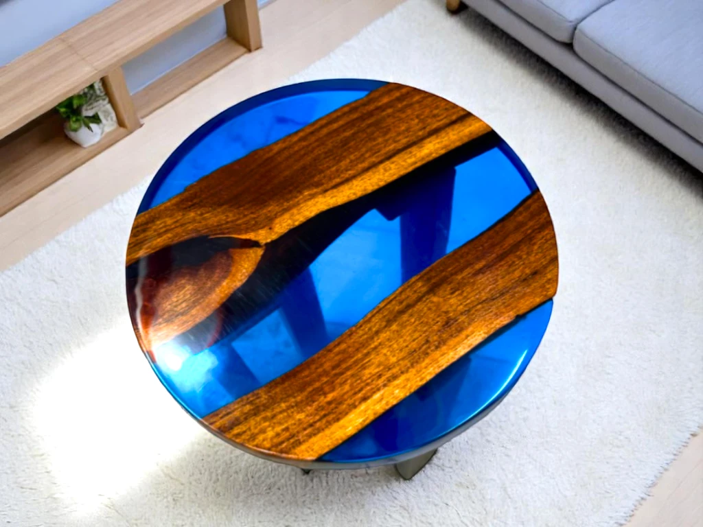 Transparent Blue Resin River Epoxy Table for Living Room 